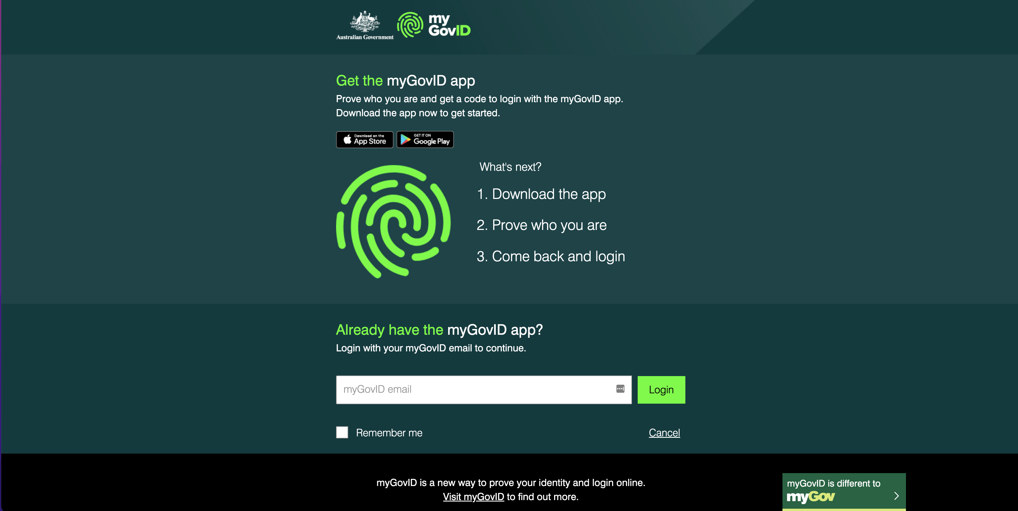 MyGovID Director ID Screen myGovID screen when applying for Director ID